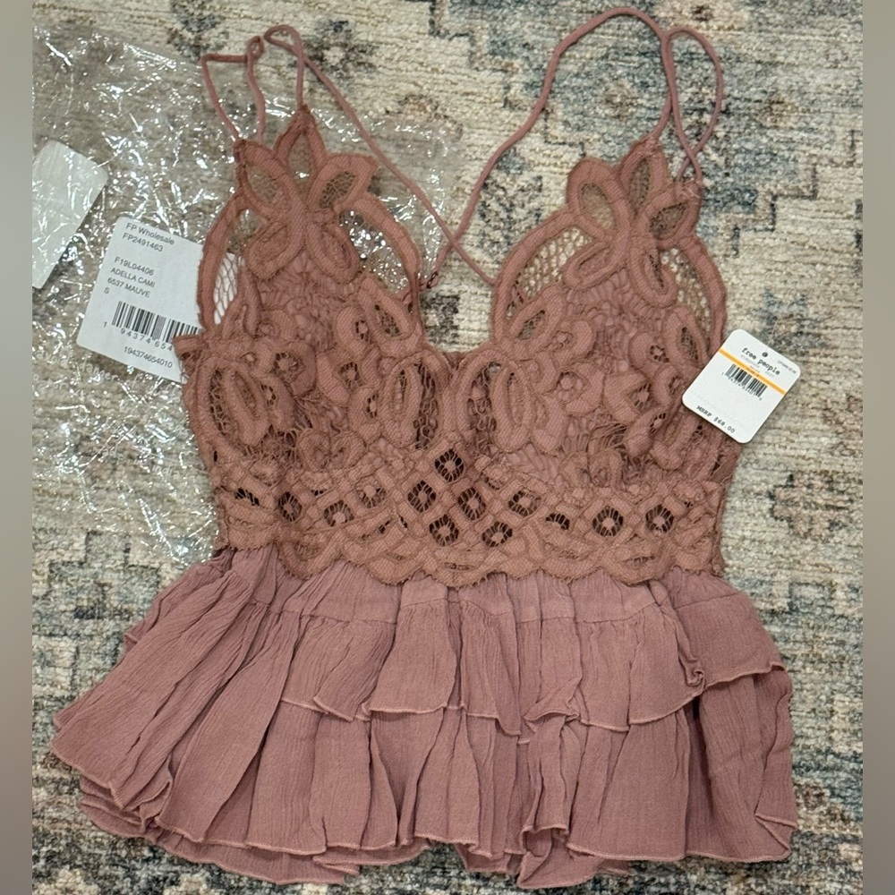 Free people Adella dusty mauve Lace Ruffle Cami strappy Top sz S NWT